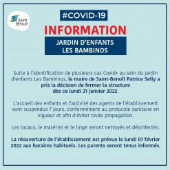 Cas covid-19 : Fermeture du jardin d’enfants Les Bambinos