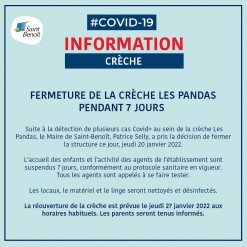 Cas covid-19 : Fermeture de la crèche les Pandas