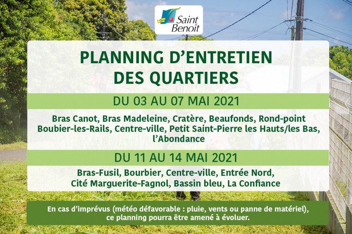 Planning d'entretien des quartiers du 03 au 14 mai