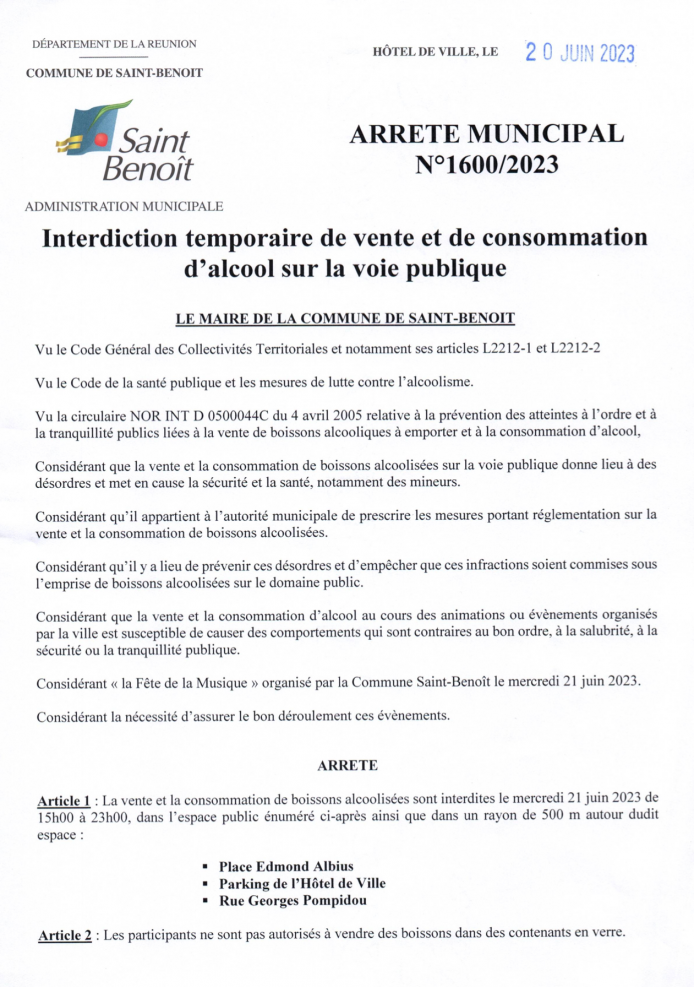 Fête de la musique - Interdiction de vente et de consommation d'alcool sur la voie publique